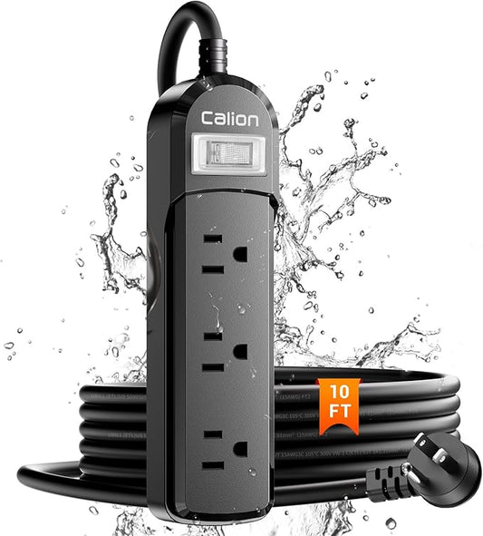 IPX6 Outdoor Power Strip Weatherproof,10 FT SJT 16AWG Extension Cord 3 Wide Outlets 1875W Overload Protection, Waterproof Surge Protector for Office,Dorm Room,Patio,Christmas Lights