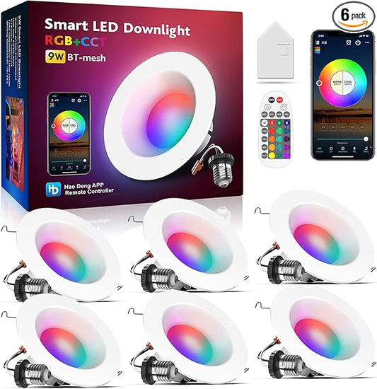 Smart Can Light 6 Inch, WiFi & Bluetooth LED Downlight 6Pack, Multicolorred, Dimmeble, 2700K-6500K CCT Selectable, RGBCW Remote LED Recessed Lighting Compatible with Alexa Google Home