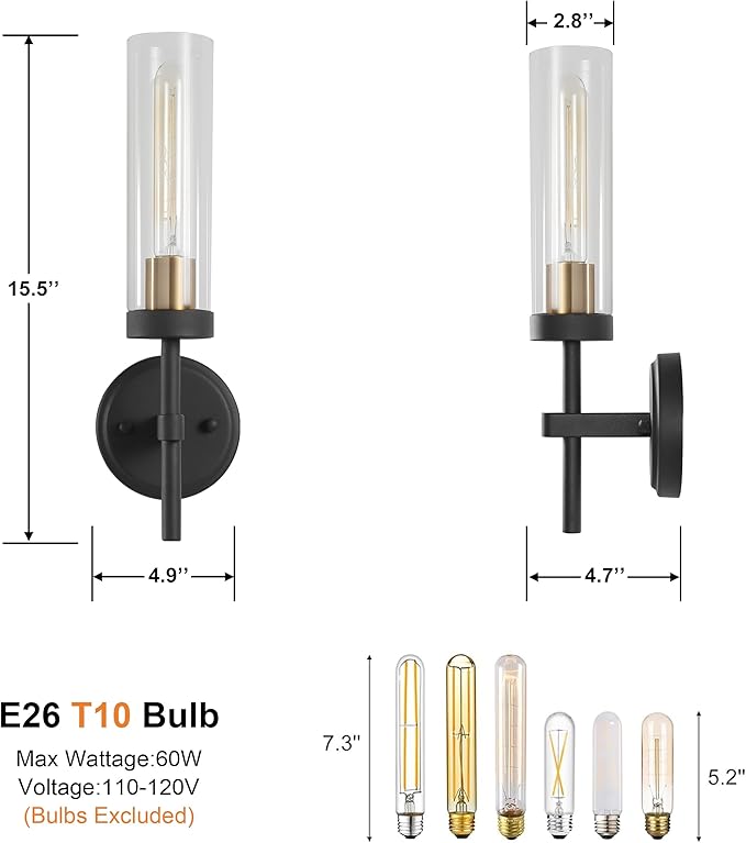 Wall Sconces Set of Two,Black Gold Bathroom Sconces Wall Lighting with Clear Glass, Modern Sconces Wall Decor Set of 2 Wall Light fixtures for Bathroom Mirror Living Room Hallway Bedroom Wall Lamp