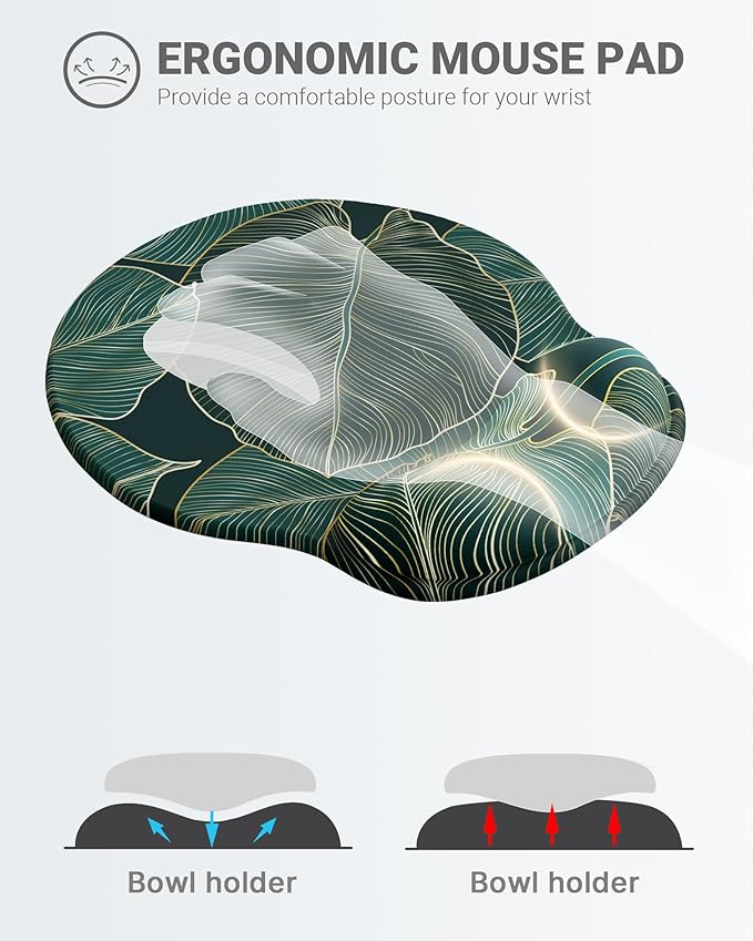 Ergonomic Mouse Pad Wrist Support, Comfortable Mouse Pad Wrist Rest, Relieve Wrist Pain Gel Mouse pad, Non-Slip Rubber Base Mousepad for Laptop, Computer(Green Leaf)