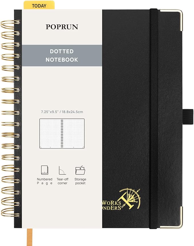 POPRUN Spiral Dotted Journal Notebook, 7-1/4" x 9-1/2" - 120 GSM Thick Paper, 220 Numbered Pages, Hardcover for Men & Women with Pocket, Index Tabs, 8 Perforated Sheets, Black