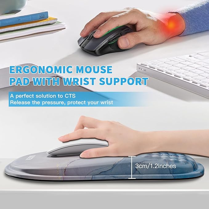 Mouse Pad with Wrist Rest, Ergonomic Mousepads with Wrist Support, Soft Lycra Fabric Memory Foam Office Desk Accessories for Comfort/Pain Relief/PC Gaming/Computer/Laptop (Pink Cyan Marble)