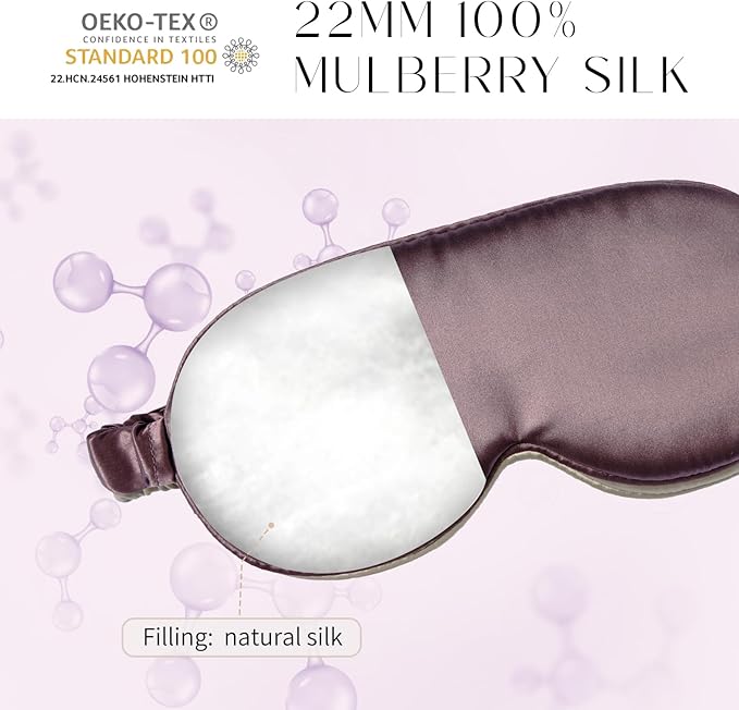 100% 22 Momme Mulberry Silk Sleep Mask, Eye Cover for Sleeping, Blackout 3D Sleep Masks for Lash Extensions with Adjustable Strap for Men and Women (Purple)
