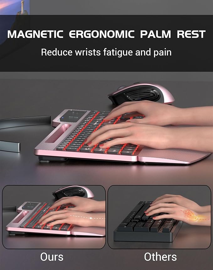 Wireless Keyboard Mouse Combo, Full Size Ergonomic Keyboard with Backlit, Wrist Rest, Calculator, Phone Holder, 2.4Ghz Silent Cordless Rechargeable Keyboard & Mouse for Laptop, PC (Pink Black)