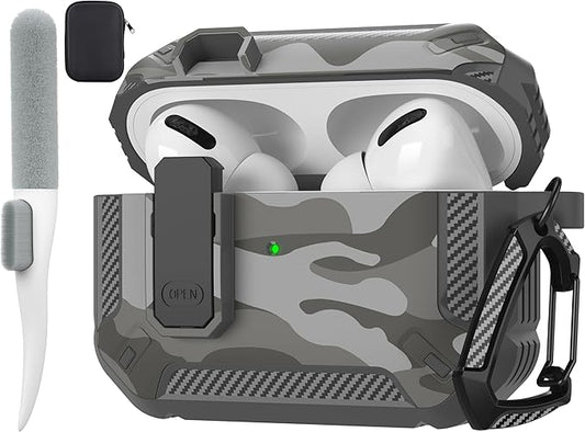 Maxjoy for AirPods Pro Case Cover with Lock, AirPods Pro 1st Generation Case for Men Military Rugged Protective Cover with Keychain Compatible with Apple AirPod Pros 2019 Front LED Visible, Grey Camo