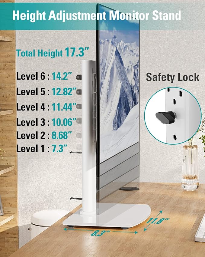 MOUNT PRO Single Monitor Stand Fits Max 32 inch Screen, Free-Standing Computer Desk Stand, Display Mount with Height Adjustable, Swivel, Tilt, Rotation, VESA Monitor Stand 100x100, White