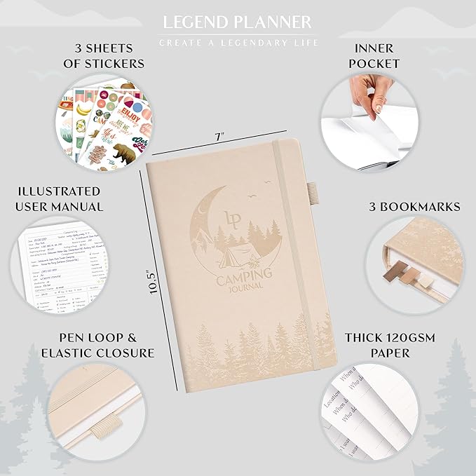 Legend Camping Journal – Hardcover Camper & RV Trip Planner – Notebook to Plan Travel & Camp Adventures with Packing Checklist, Meal Plan & Camping Bucket List – 30 Trips, 7" x 10" (Seashell)