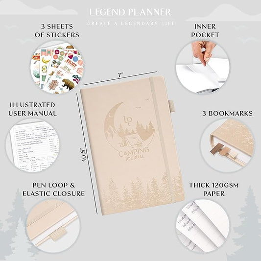 Legend Camping Journal – Hardcover Camper & RV Trip Planner – Notebook to Plan Travel & Camp Adventures with Packing Checklist, Meal Plan & Camping Bucket List – 30 Trips, 7" x 10" (Seashell)