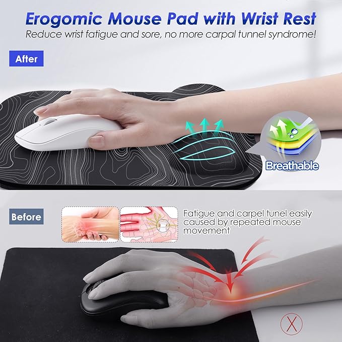 Gimars Large Smooth Superfine Fibre Memory Foam Ergonomic Mouse Pad Wrist Rest Support Mousepad with Nonslip Base for Laptop, Computer, Gaming & Office,Free Coaster Include-Topographic Map