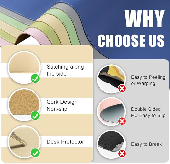 Non Slip Desk Mat, 31.5" x 15.7" PU Leather Desk Pad, Cork Desk Mat for Desktop, Desk Pad for Keyboard and Mouse, Ideal for Office and Home, Apricot