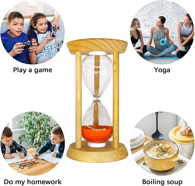 6PCS Wooden Hourglass Sand Timer Set - 30 Sec/1/2/3/5/10 Min Colorful Sandglass Clock for Home Office Kitchen Decor (3.54 x 1.97 Inch)