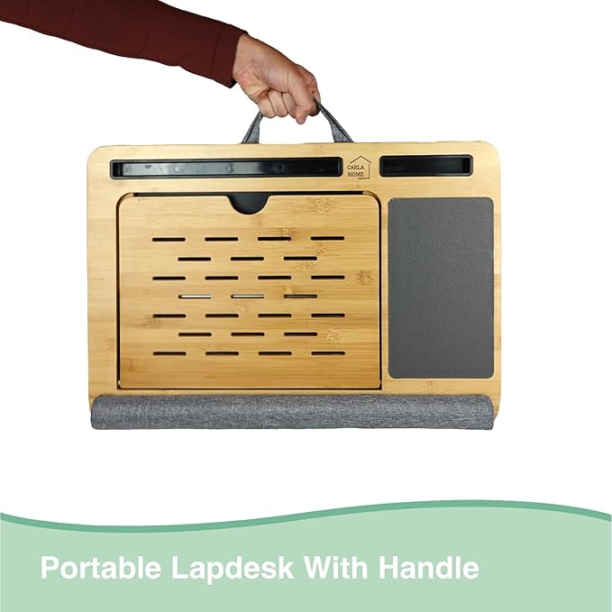 Bamboo Laptop Lap Desk with Cushion, Angle Adjustable Laptop Computer Stand Bed Desk, Portable Lap Desk w/Handles, Tablet & Phone Holder, Mouse Pad & Shields Heat (Grey)