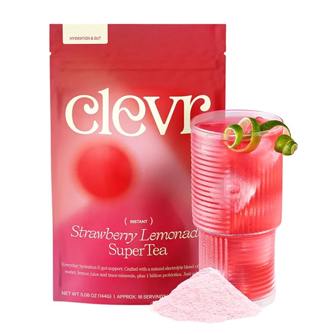 Clevr Strawberry Lemonade SuperTea, 18 Servings, Hydration Tea Blend with Coconut Water, Lemon Juice, 1B Probiotics for Gut Health, Sea Salt, Trace Minerals, Electrolyte Caffeine Free Tea, 5.08 oz