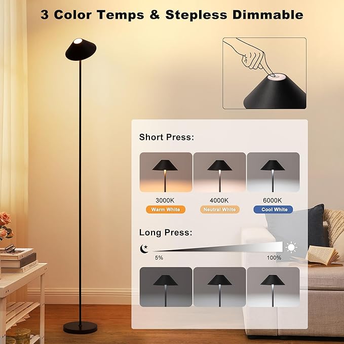 Rechargeable Floor Lamp for Indoor/Outdoor, Cordless Tall Standing Lamp with 3 Color Temps & Dimmable, IP43 Waterproof, Adjustable Height 16-59 Inch, LED Floor Lamp for Living Room, Bedroom, Patio