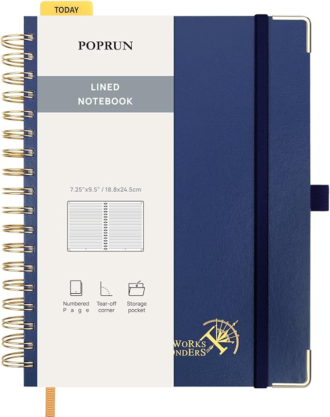 POPRUN Lined Spiral Journal Notebook for Women & Men, 7-1/4" x 9-1/2", 220 Numbered Pages, College Ruled Hardcover Notebook for Work, Journals for Writing, 120 GSM Thick Paper - Navy Blue