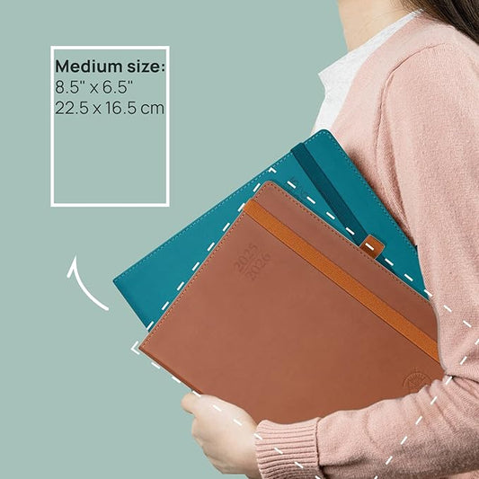 POPRUN Planner 2025-2026 (Medium - 6.5'' x 8.5'') Academic Weekly Calendar (July 2025 - June 2026) with Hourly Time Slots, Monthly Tabs, 100GSM Thick Papers, Leather Soft Cover - Black