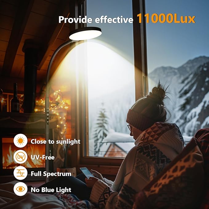 Light Therapy Lamp, 3 in 1 Therapy Floor Lighting, 11000 Lux Full Spectrum Therapy Lamps, UV-Free LED Sunlight, 10 Brightness/5Color/Gooseneck/Height Adjustable with Timer Control, Black