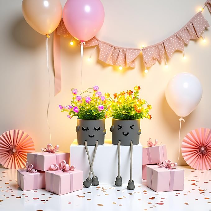 Cute Fake Plants, Flower Pots with String Lights, Fake Plants Artificial For Desk Décor, Office Decor for Women, Shelf Decor for Gift, Bathroom Small Plants Decoration, Mini Plants Window Sill Decor
