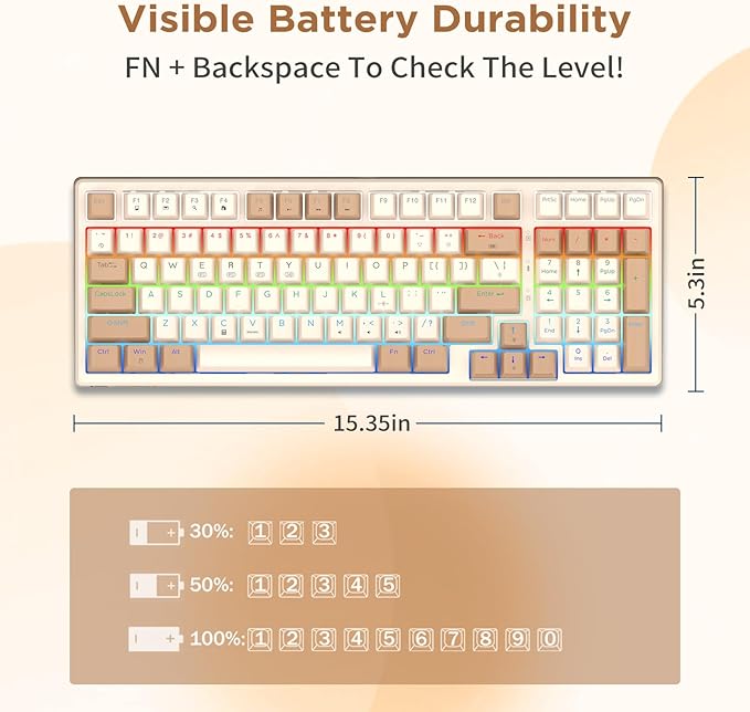 HUO JI 96% Wireless Mechanical Keyboard, Hot Swappable, Pre-lubed Blue Switches, Gasket Structure, Bluetooth/2.4GHz/USB-C, Led Backlit Sidelit, Custom Gaming Keyboard for PC (Peach)