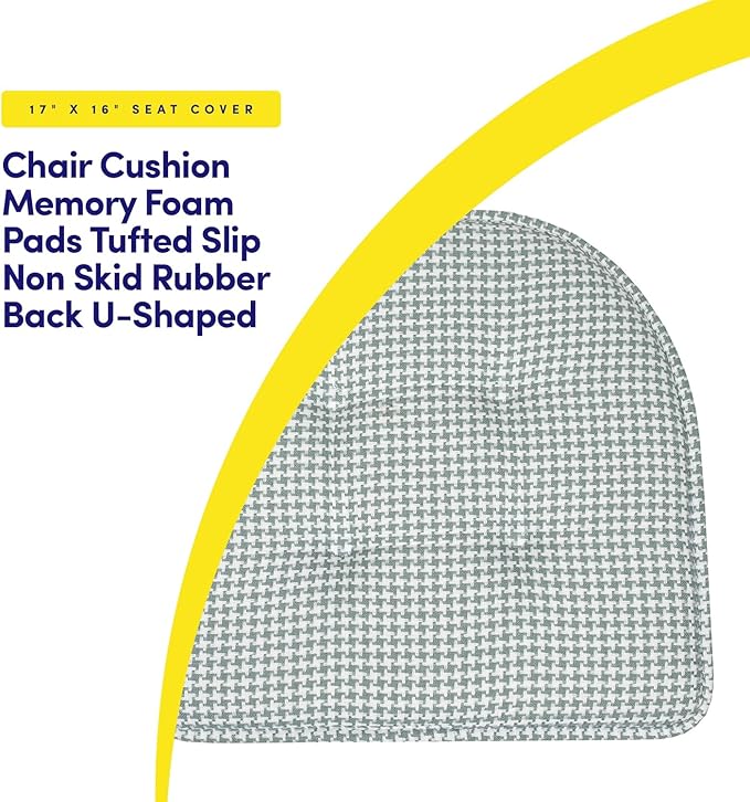 Sweet Home Collection Chair Cushion Memory Foam Pads Tufted Slip Non Skid Rubber Back U-Shaped 17" x 16" Seat Cover, 6 Pack, Houndsooth Pistachio