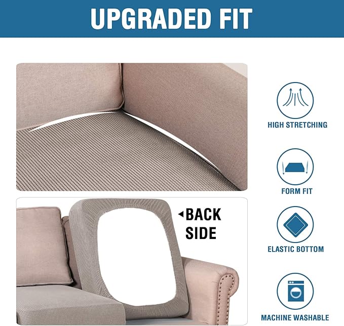 H.VERSAILTEX Super Stretch Couch Cushion Covers Sofa Cushion Slipcovers Jacquard Fabric Individual Seat Couch Slipcover Sets for Pets with Elastic Bottom(3 Packs Cushion Sofa Covers, Taupe)