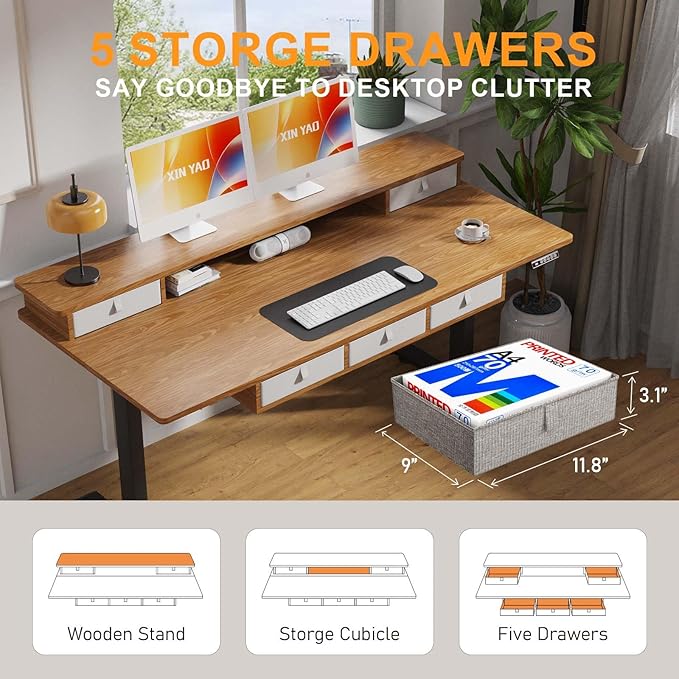 XINYAO Electric Standing Desk with 5 Drawers, 63x30 Inch Extra Wide Height Adjustable Sit Stand Up Desk with Storage Support 290lbs Ergonomic Rising Table with Wheels for Home Office