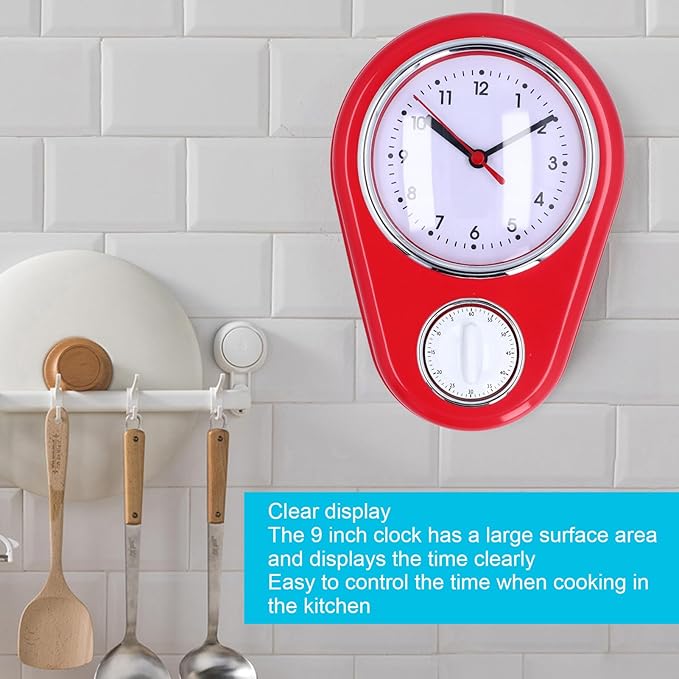 9 Inch Retro Kitchen Timer Wall Clock, Multifunction Innovative Precise Time Silent Operation Quartz Clock for Home Kitchen (Red)