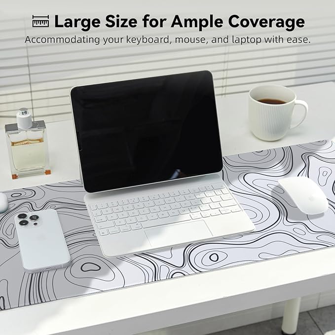 Waterproof Large Gaming Mouse Pad with Durable Stitched Edges, Non-Slip Rubber Base, Smooth Surface Mouse Mat Desk Pad for Home Office Gaming, 31.5"x11.8"x0.12", White Topographic Map