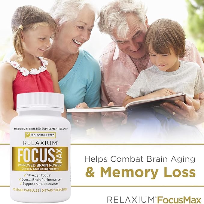 Relaxium FocusMax, Brain & Focus Health Supplement, Mental Clarity Support, Proven Concentration, Focus, Memory, & Nootropics Booster, USA-Manufactured, 30 Vegan Capsules
