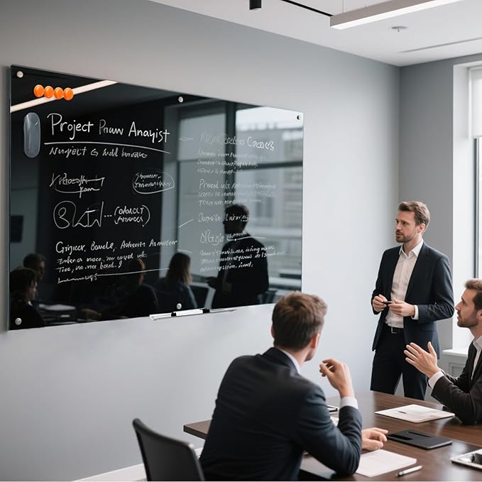 Glass Dry Erase Black Board - Magnetic Blackboard 60"X36" Frameless White Board Clear Glass Boards with Super Strong Magnets, Wall Mounted for Office, Classroom and Home