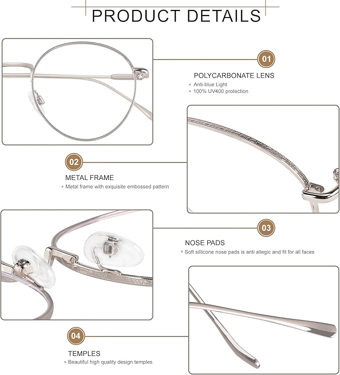 ANDWOOD Blue Light Blocking Glasses Women Men Small Face Computer Clear Bluelight Blocker Super Lightweight Metal Frame Round