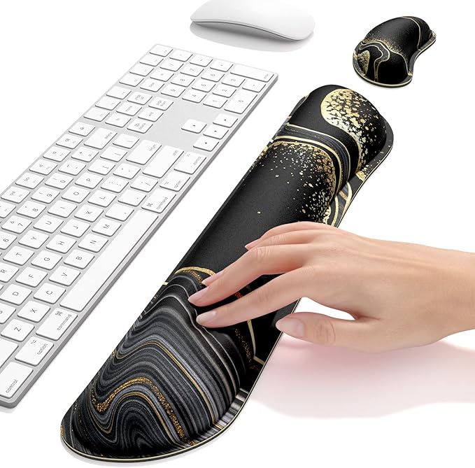 Dapesuom Enlarge Keyboard Wrist Rest, Memory Foam Wrist Cushion for Desk Mats Support, Marble Pain Relief Keyboard Mouse Pad Rests Set with Non-Slip Base for Gaming Laptop Office Computer, Black Gold