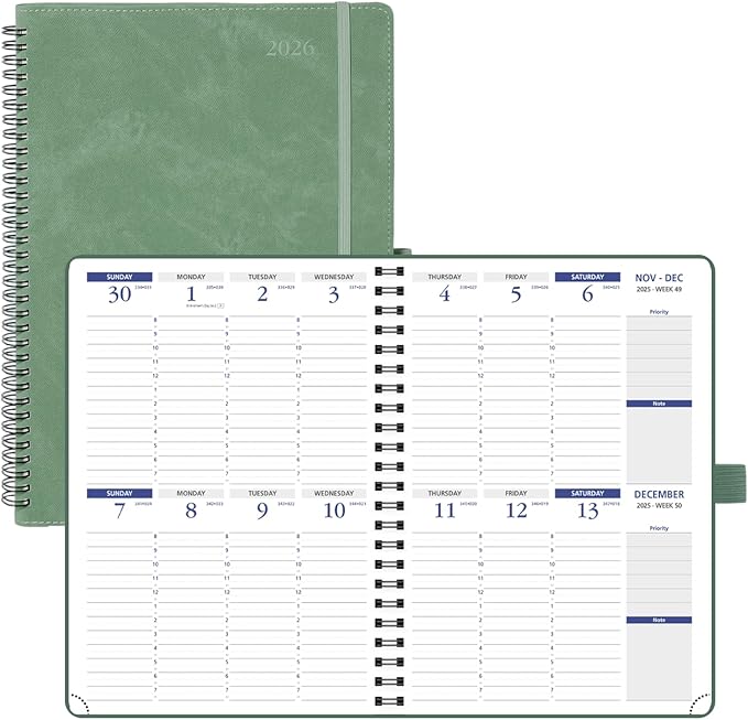 POPRUN 2026 Weekly Planner (A4-8.25'' x 11.75''), Quarter-Hourly Appointment Book (Jan. 2026 to Dec. 2026) with Monthly Tabs, Spiral Softcover, 2 Inner Pockets, Pen Holder - Midnight Green
