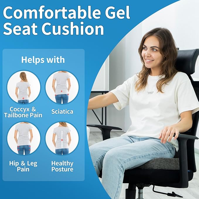 Seat Cushion for Long Sitting, Cooling Gel Memory Foam Seat Cushion - Back, Sciatica, Coccyx, Tailbone Pain Relief - for Office Chairs, Car Seat, Wheelchair Sitting Cushion (Grey)