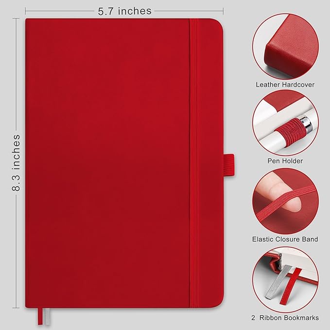 RETTACY Lined Journal Notebook, 2-Pack, 192 Numbered Pages per Pack, A5 Medium Size (5.7'' x 8.3''), for Men & Women, Writing, Work, Leather Hardcover, 100 GSM Thick Paper (Black & Red)