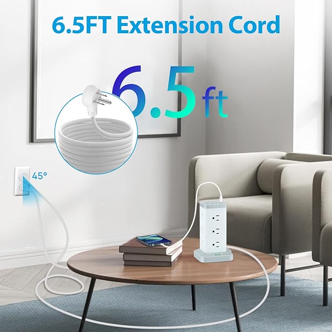 BEVA Power Strip Tower with USB Ports, 6.5 FT Surge Protector Power Tower, 12 AC and 4 USB Ports, 6.5 FT Extension Cord with Multiple Outlets, Office Supplies Office Organization