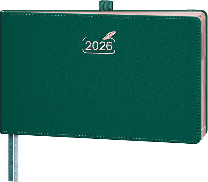 BEZEND 2026 Planner Weekly and Monthly (9" x 5.5") Horizontal Calendar Book with Vertical Hourly Timeslots & Note (Jan-Dec) Pen Holder, Inner Pocket, Casebound Vegan Leather Hardcover - Evergreen
