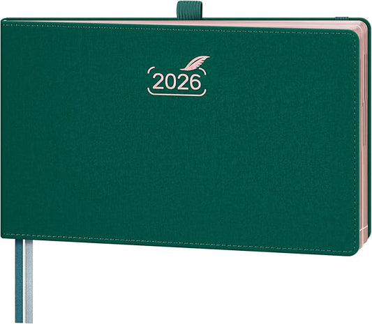 BEZEND 2026 Planner Weekly and Monthly (9" x 5.5") Horizontal Calendar Book with Vertical Hourly Timeslots & Note (Jan-Dec) Pen Holder, Inner Pocket, Casebound Vegan Leather Hardcover - Evergreen