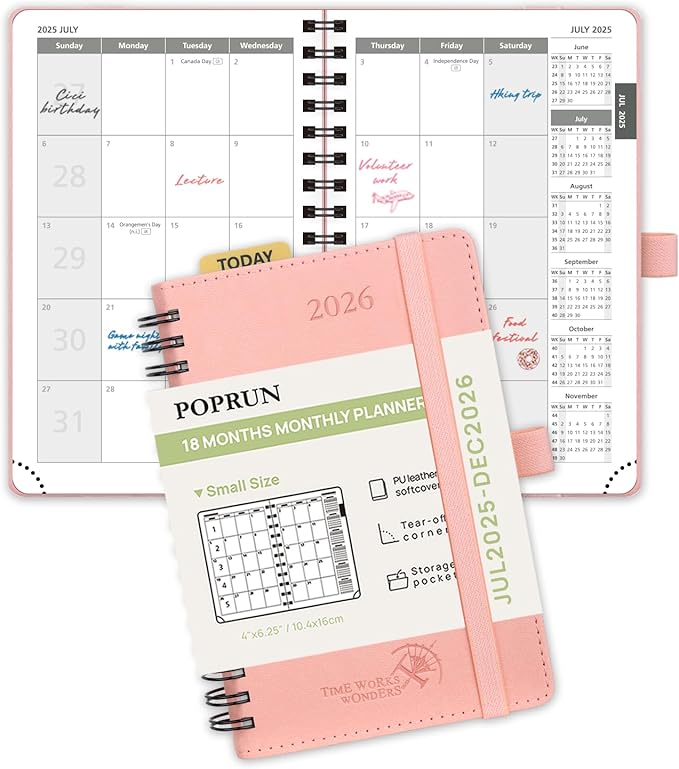 POPRUN Monthly Planner 2025-2026 Pocket Size (4" x 6.25") 18 Months Calendar (Jul 2025 - Dec 2026) - 4 Pages per Month with Monthly Expense & Notes, Sunday Start, Leather Cover - Pink