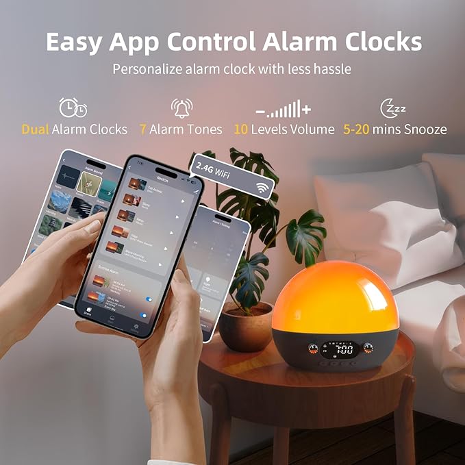 MOMILLA Sunrise Alarm Clock- Bluetooth Speaker with Smart Alarm Clocks for Bedrooms, Alexa & APP Control, 11 White Noise Sound Machine, Sunset Night Light Wake up Light for Kids& Heavy Sleepers