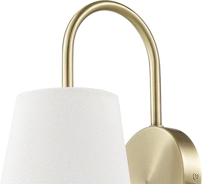 GLOBE Electric x Novogratz 65000053 1-Light Hardwire or Plug-in Wall Sconce, Matte Brass, White Textured Shade, Arched Arm, Lighting, Home Decor, Lights for Bedroom Plug in