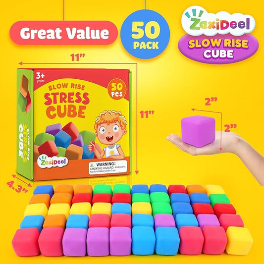 50 Pack Slow Rising Stress Cube: Stretchy Fidget Toys for Anxiety Relief, Large Size Squishy Cube, Pull Stretch Fidgets for Classroom Prize, Classroom Reward for Student