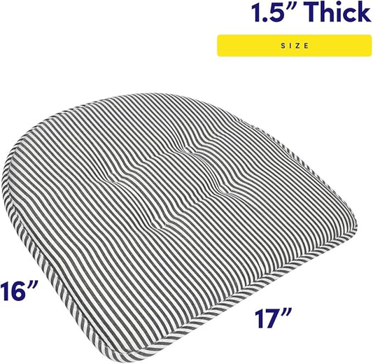 Sweet Home Collection Chair Cushion Memory Foam Pads Tufted Slip Non Skid Rubber Back U-Shaped 17" x 16" Seat Cover, Pinstripe Charcoal 4 Count