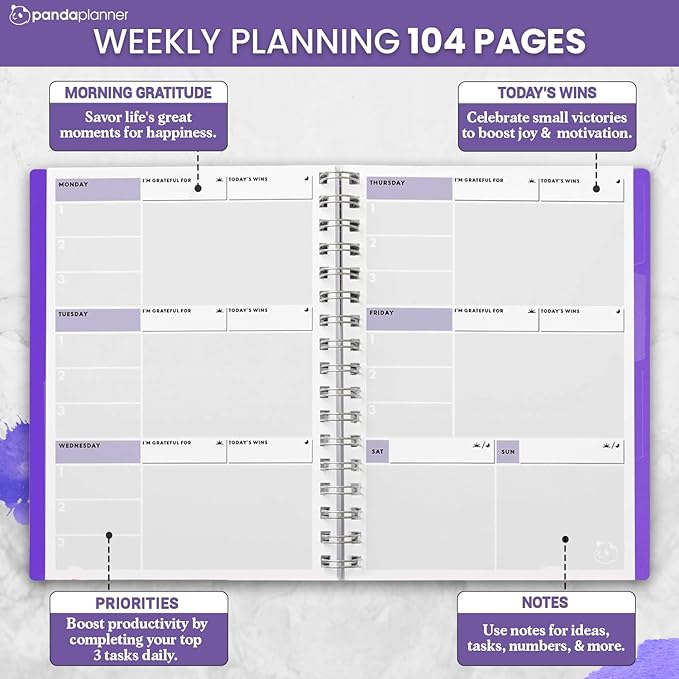 Panda Planner 2025-2026 Undated Weekly Planner – Spiral Notebook 5.75" x 8.25" with 52 Weeks, Habit Tracker & Weekly To-Do Lists – Academic Planner & Productivity Organizer for Home, Office & School (Purple)