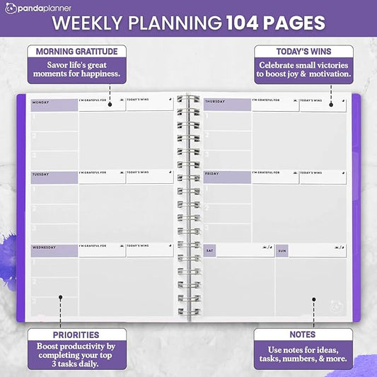 Panda Planner 2025-2026 Undated Weekly Planner – Spiral Notebook 5.75" x 8.25" with 52 Weeks, Habit Tracker & Weekly To-Do Lists – Academic Planner & Productivity Organizer for Home, Office & School (Purple)