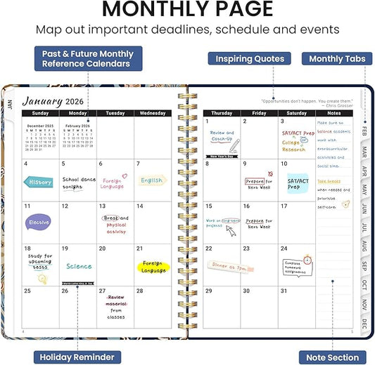 2026 Planner, Monthly and Weekly Calendar Planner for Women, January 2026 - December 2026, Hardcover Pretty 2026 Agenda Planner Book with Tabs, Spiral Bound, Perfect for School Office Home Supplies, 8.5" x 11" - Lineage Flora
