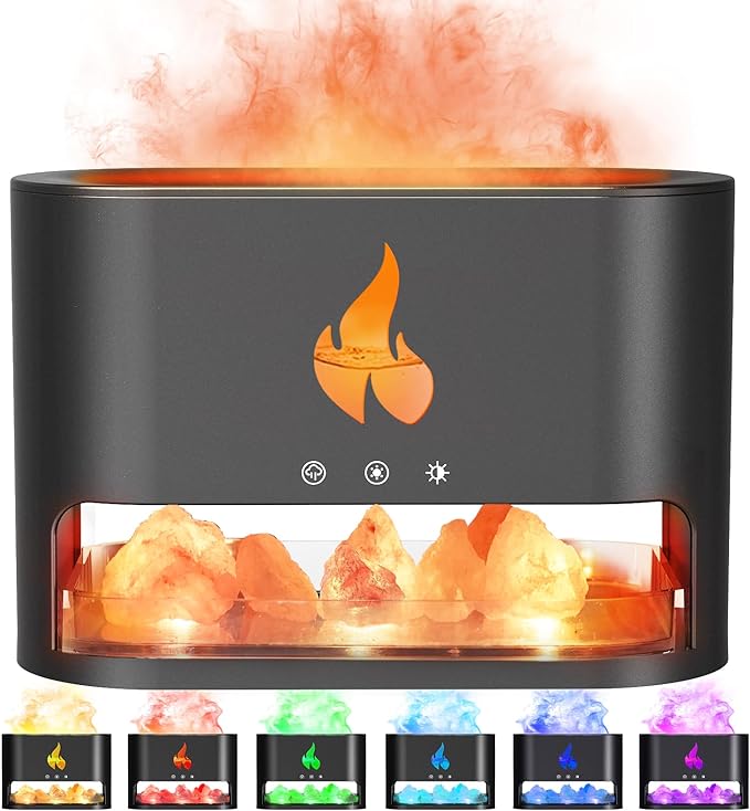 Fireplace Flame Diffuser, Aromatherapy Essential Oil 250ml Himalayan Salt Lamp Cool Mist Ultrasonic Humidifier for Bedroom,Office,Home, Auto Shut-Off, Night Light (Black), (M23)