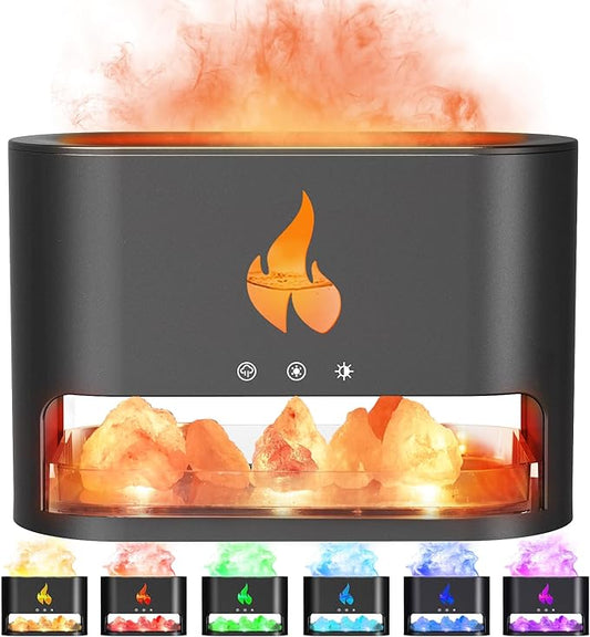Fireplace Flame Diffuser, Aromatherapy Essential Oil 250ml Himalayan Salt Lamp Cool Mist Ultrasonic Humidifier for Bedroom,Office,Home, Auto Shut-Off, Night Light (Black), (M23)