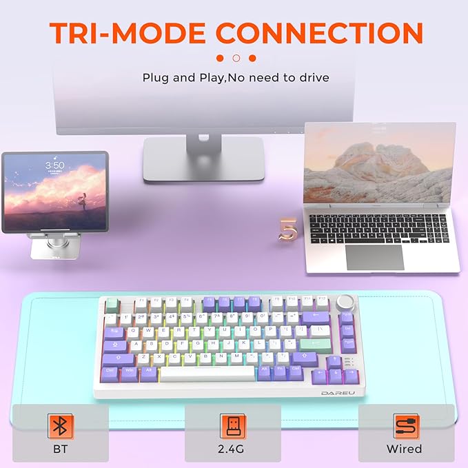 DAREU EK75PRO Wireless Gaming Keyboard,75% RGB Hot-Swappable Creamy Mechanical Keyboard with Knob, 2.4Ghz/BT5.1/USB-C Connectivity, 81 Keys Gasket Mount, PBT Keycaps&Linear Switch for Win/MAC