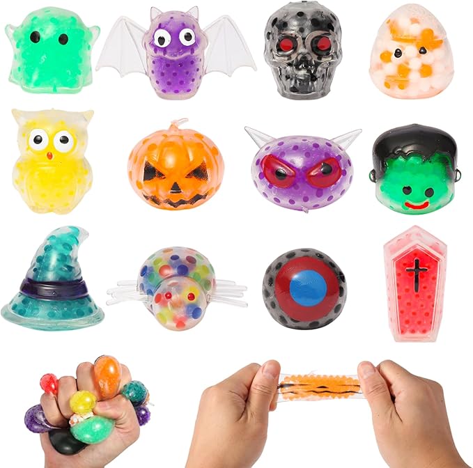 12 Pcs Halloween Mini Sensory Stress Balls Squeeze Toy for Adults, Squishy Stress Relief Toys, Halloween Non Candy Treats Gifts Goodie Bag Filler Party Favors